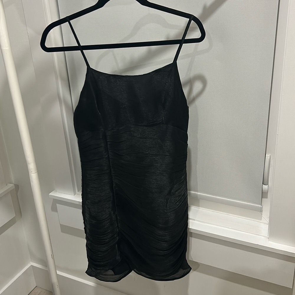 Fab’rik Black Ruched Mini Dress Size Medium Scrunched Down Back and Side